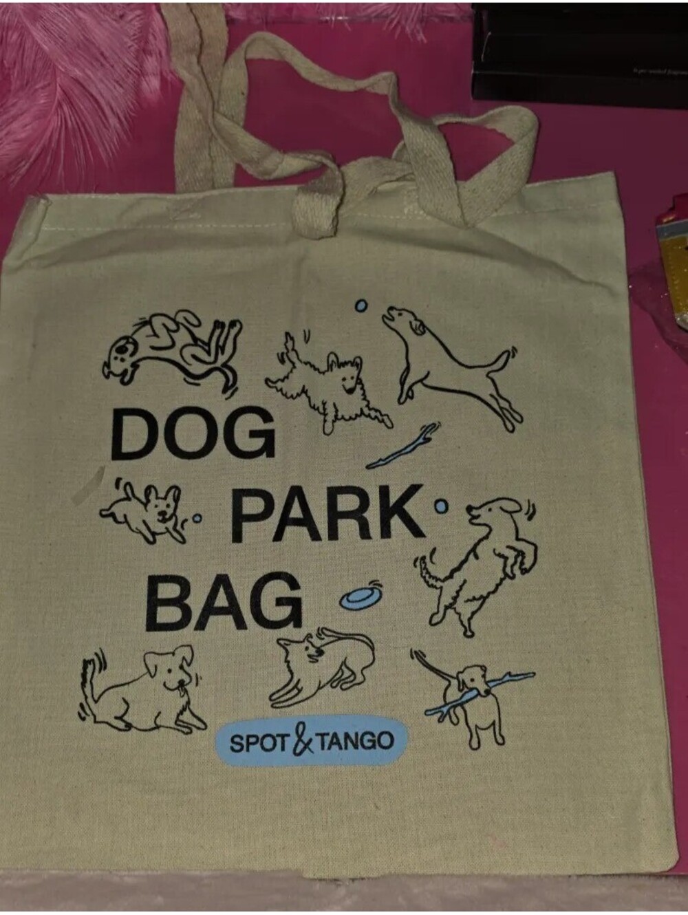 SPOT & TANGO DOG PARK BAG NATURAL CANVAS TOTE BAG PLAYFUL DOG PRINT